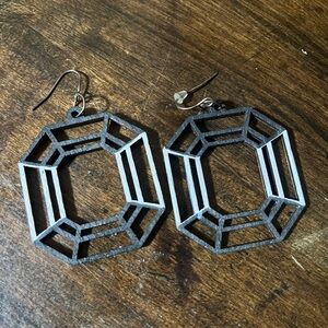 Geometric Black and Silver Earrings Hand Painted Weightless Wooden